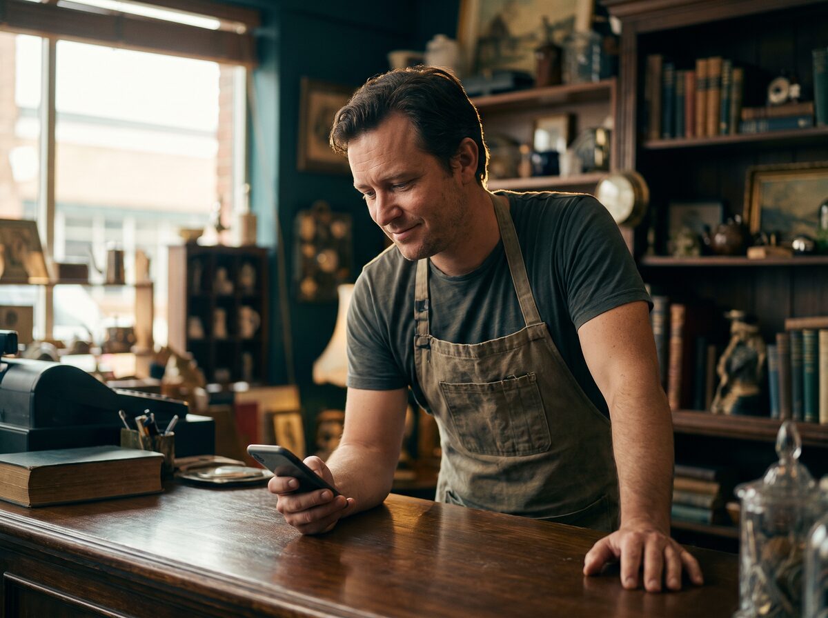 A small-shop owner smiling at his phone beside his coffee roaster, running the business from OBLIQ.