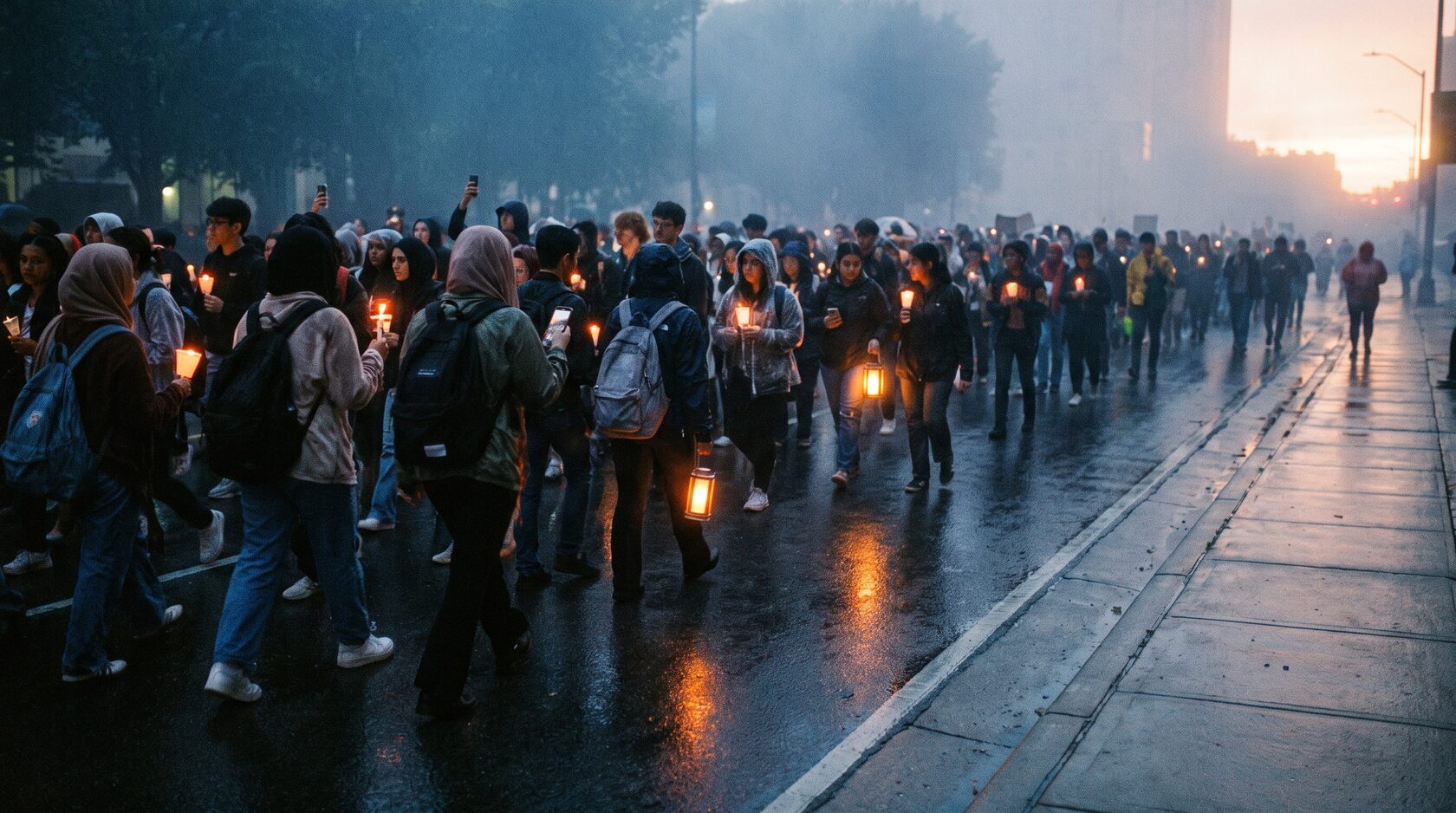 A crowd at night crossing over together, phones raised, the OBLIQ mark glowing on their screens.