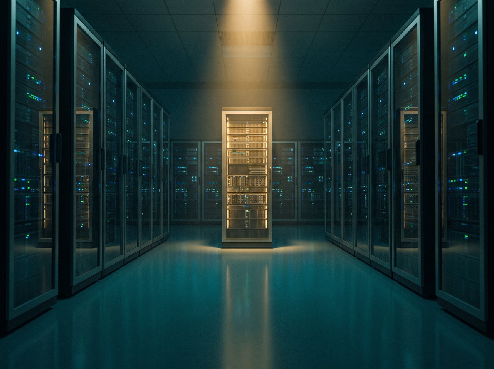 A sovereign enterprise server rack sealed behind a heavy steel cage door in a concrete vault, captured and archived entirely inside the boundary.