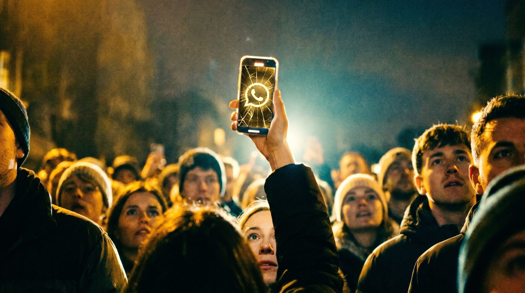 A night crowd, faces turned upward, one hand raising a phone overhead whose cracked, scratched screen glows with a shattered WhatsApp logo like a failing beacon.