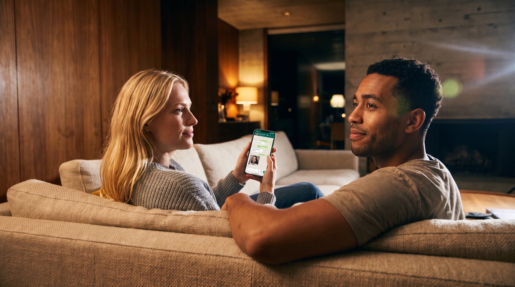 Two people messaging across a warm room, one in the foreground on a phone, the other seated nearby, a conversation bridged between them.