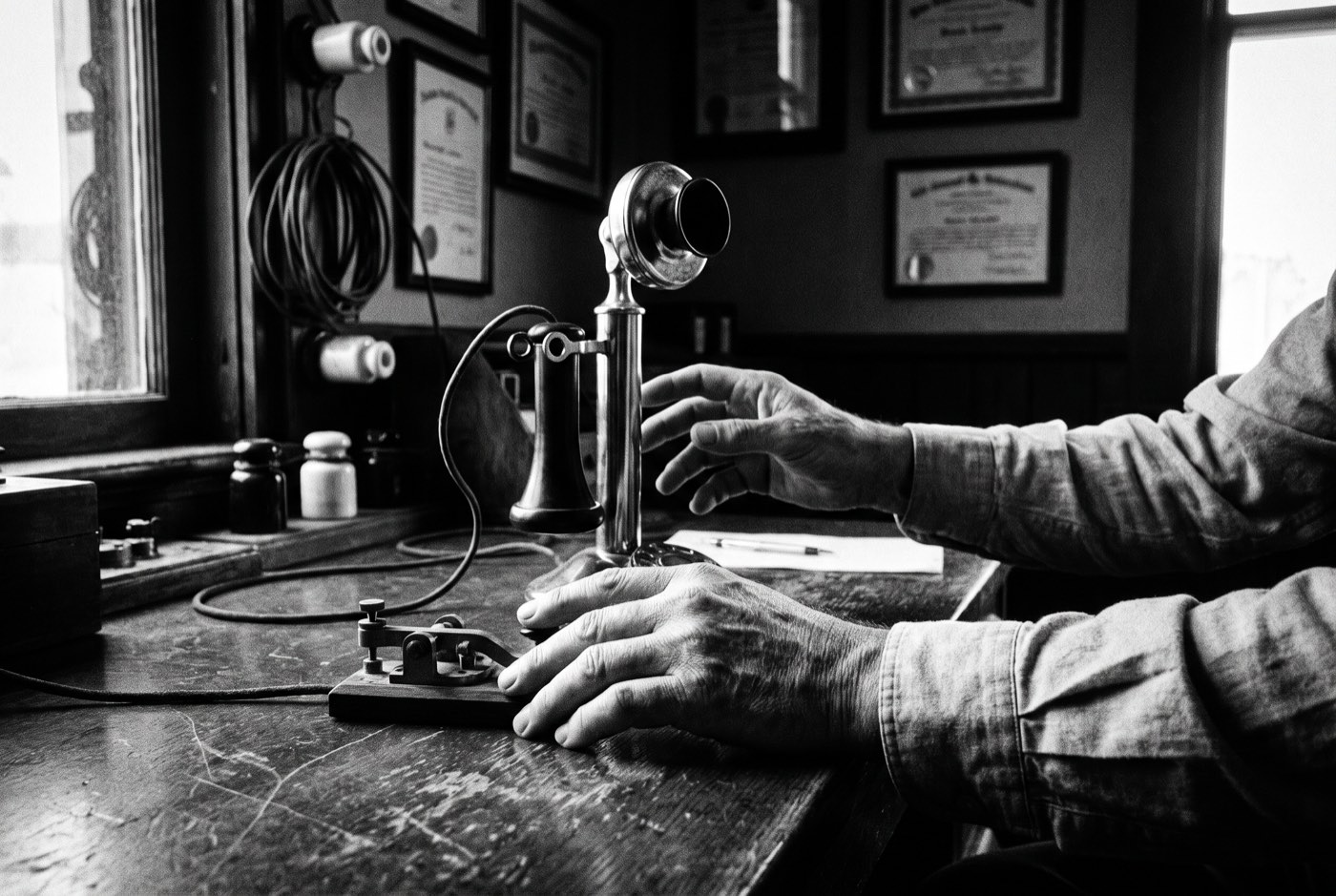 A candlestick telephone beside a telegraph key on a period desk, the older technology and the one that replaced it side by side.