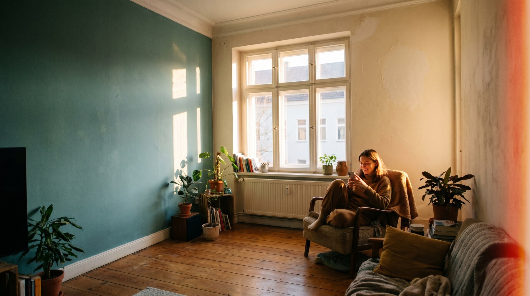 A warm, private room bathed in golden light, intimate and unobserved.